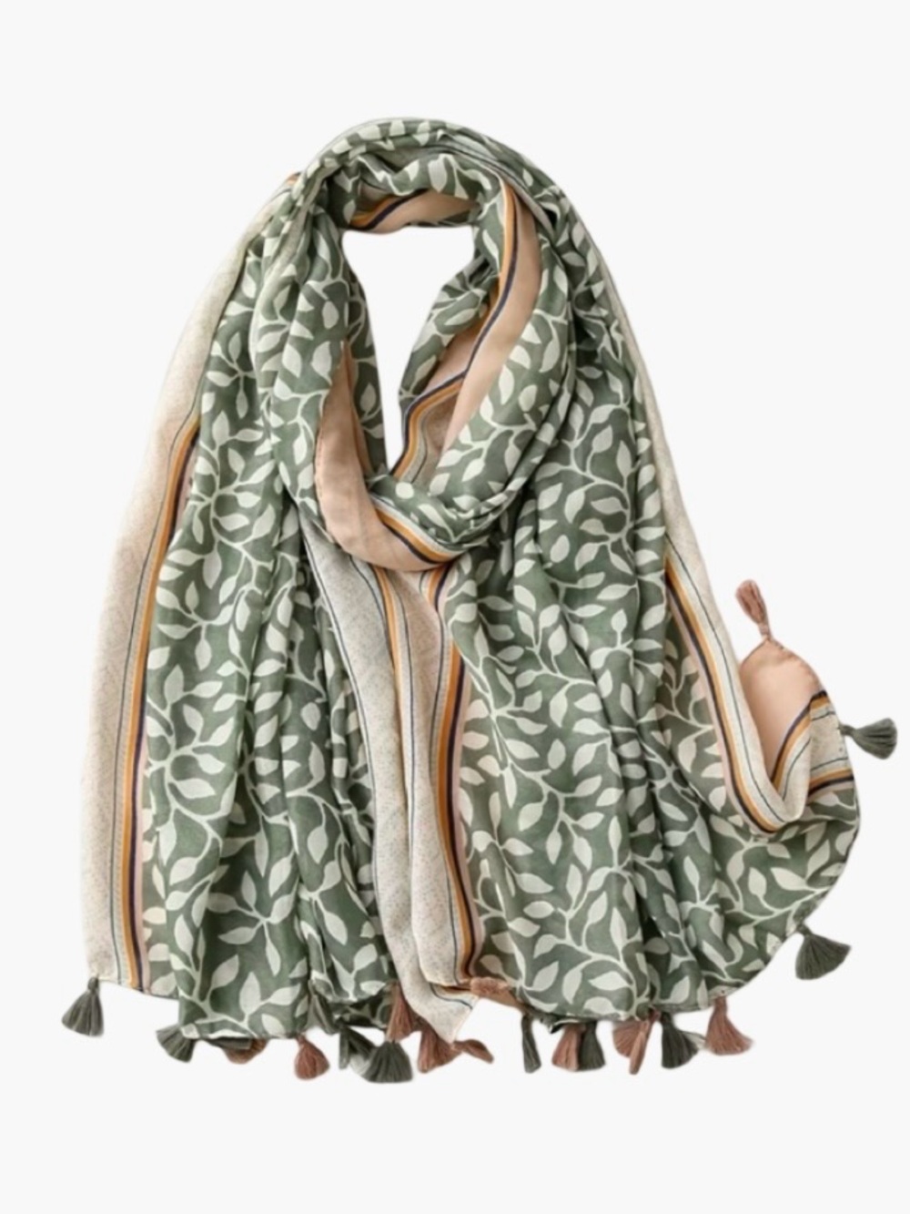 Sage Green Botanical Scarf Tassel Trim Lightweight Oversized Wrap Shawl - Picture 2 of 4